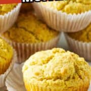 Cornbread muffins on a white surface, one split open with melting butter. Text overlay: “Cornbread Muffins.”.