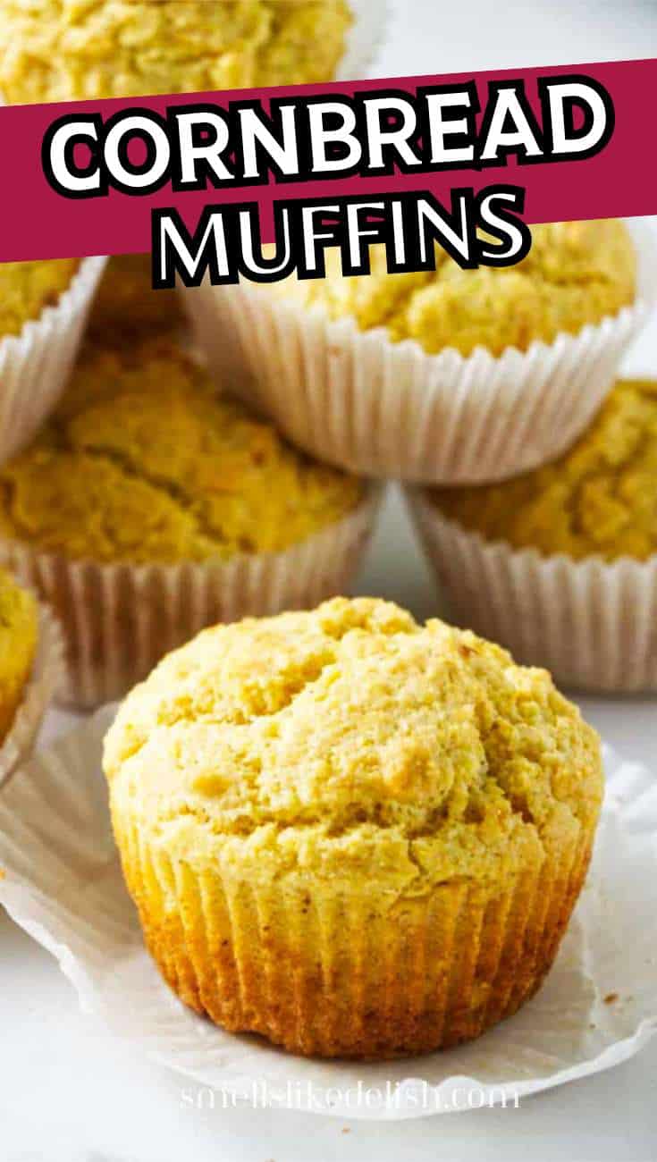 Cornbread muffins in white liners on a white surface, with "Cornbread Muffins" boldly printed across the center.