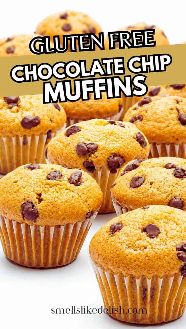 Golden gluten free chocolate chip muffins stacked on a serving plate.