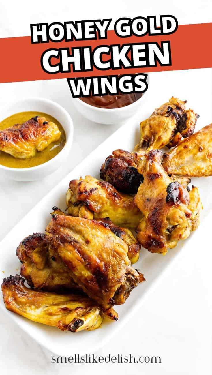 Honey Gold Wings with golden BBQ chicken wings and dipping sauces.