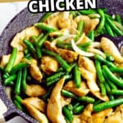 Skillet with Panda Express String Bean Chicken, green beans, onions.