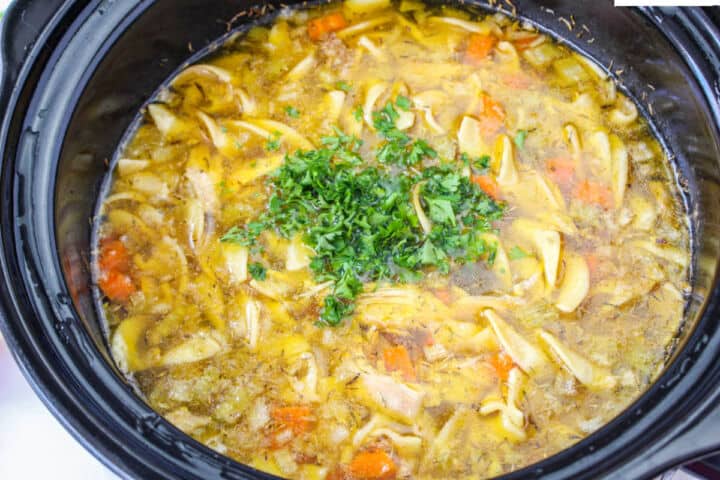 Finished Panera chicken noodle soup in a slow cooker with noodles, chicken, vegetables, and parsley.