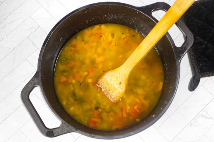 Vegetable broth stirred into the chowder base for copycat Panera corn chowder.