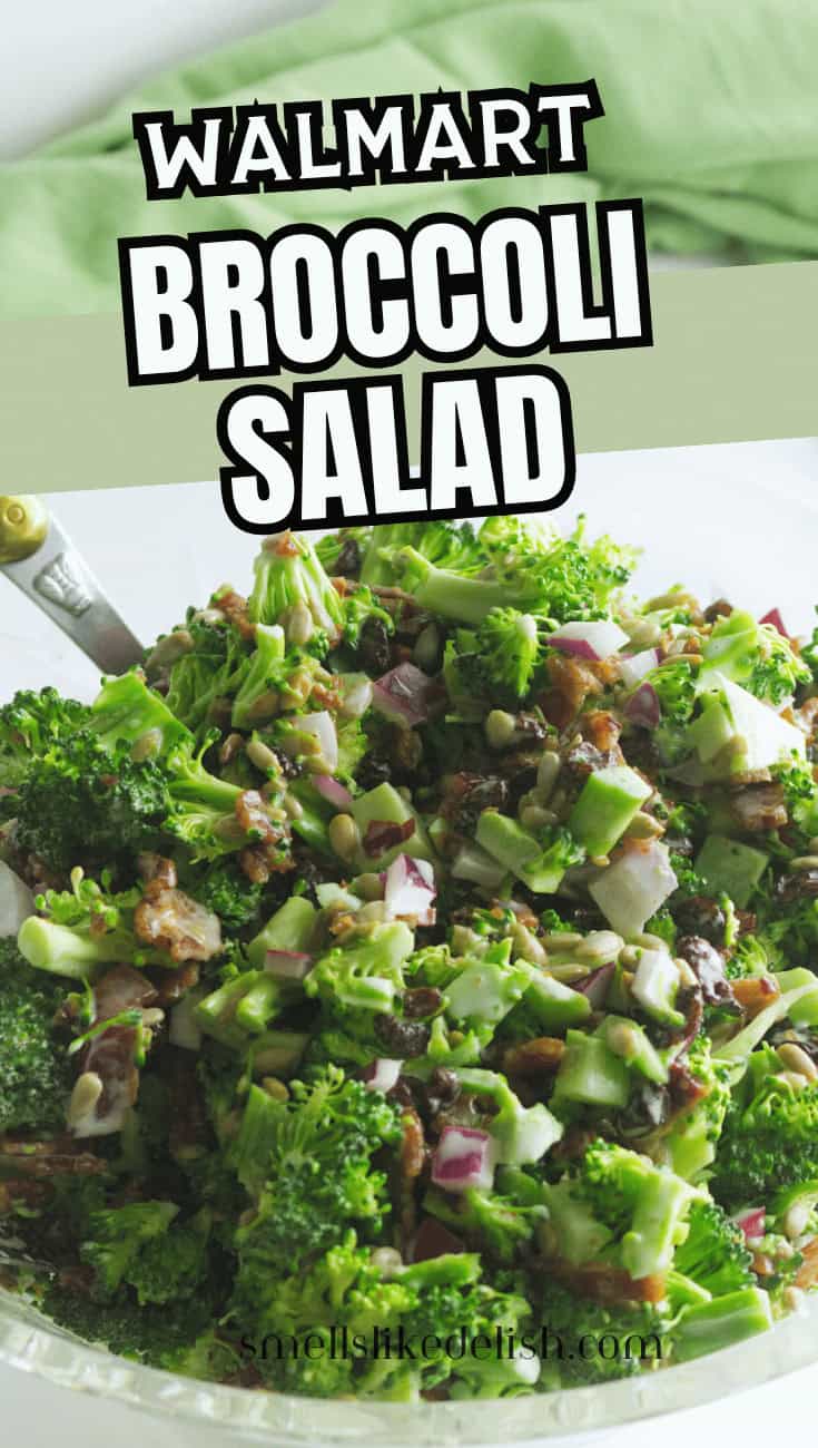 Bowl of broccoli salad with red onions, bacon bits, and seeds on white surface; "Walmart Broccoli Salad" text above.