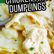 Close-up of creamy chicken and dumplings topped with herbs, with "Cracker Barrel Style Chicken and Dumplings" text overlay and website name at the bottom.