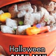 A terracotta pumpkin pot holds Halloween Chex Mix with colorful candies and chocolate-covered cereal. "Halloween Chex Mix" appears in bold at the bottom.