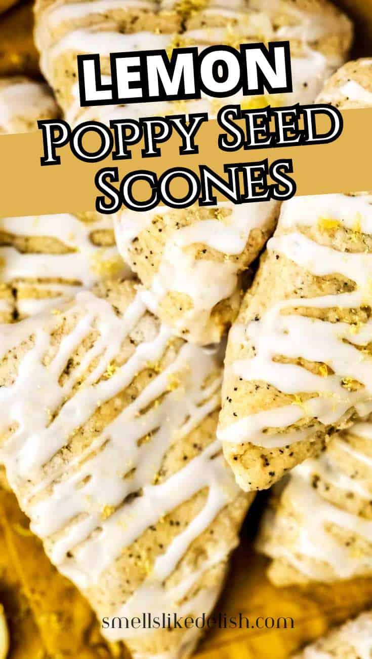 Four lemon poppy seed scones with white icing on a metal baking sheet, overlaid by a "LEMON POPPY SEED SCONES" banner. Website: smellslikedelish.com.
