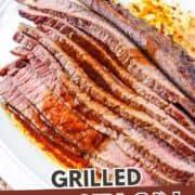 Sliced grilled top sirloin steak with seared edges on a white platter and fork. Text: "Grilled Top Sirloin Steak.