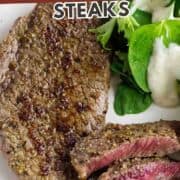 Sliced Denver steak on a white plate with salad greens and ranch; top text: "Quick Skillet Denver Steaks.