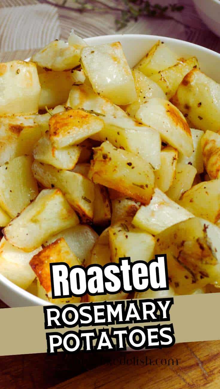 Golden roasted potatoes with herbs in a white bowl; text reads
