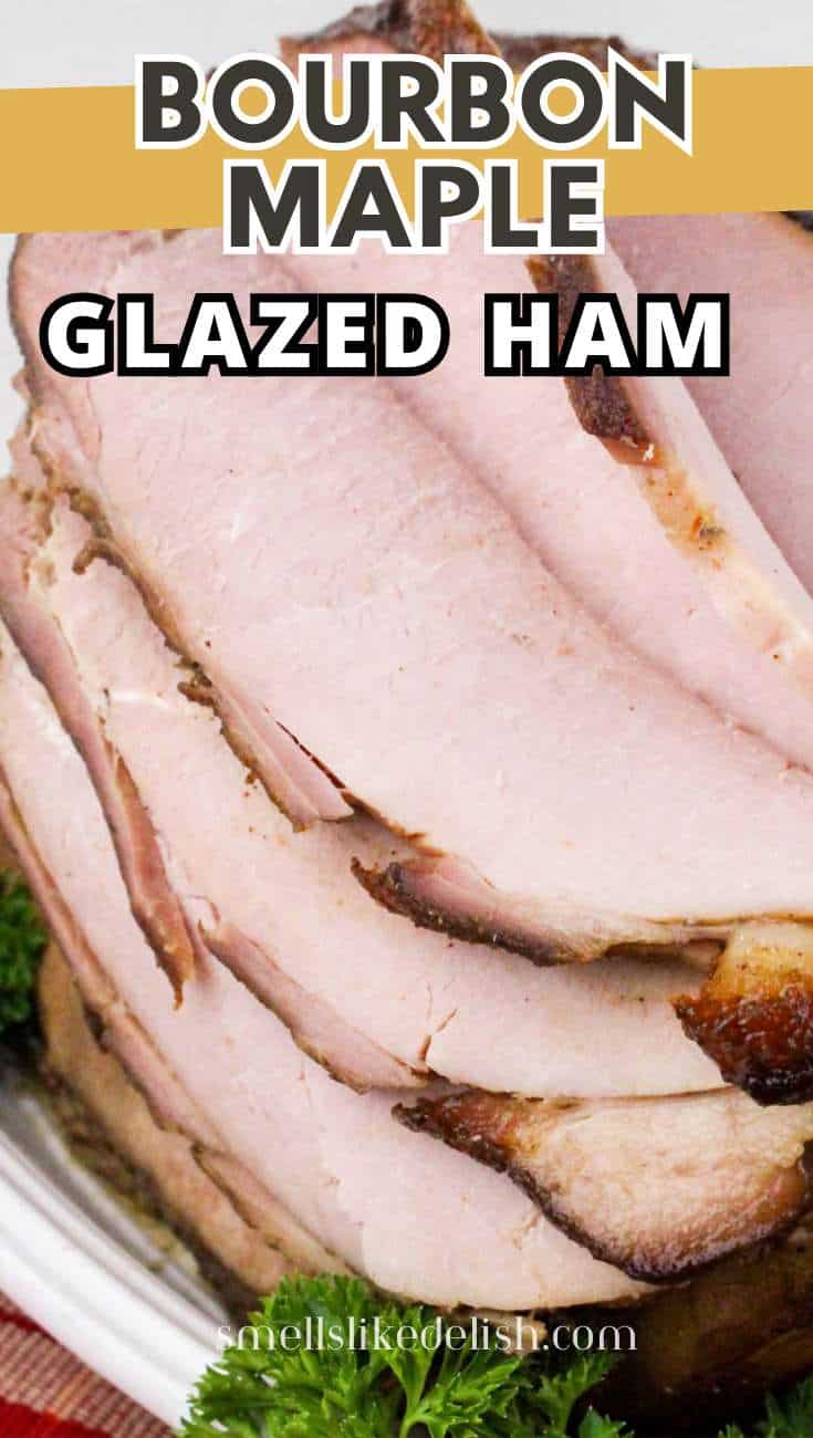 Spiral-sliced glazed ham with a shiny finish and parsley garnish;