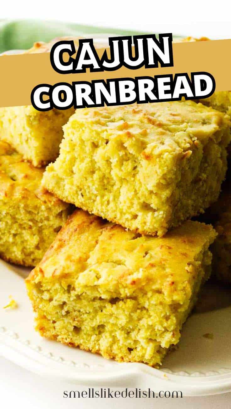 Sliced golden Cajun cornbread stacked on a plate, with the text