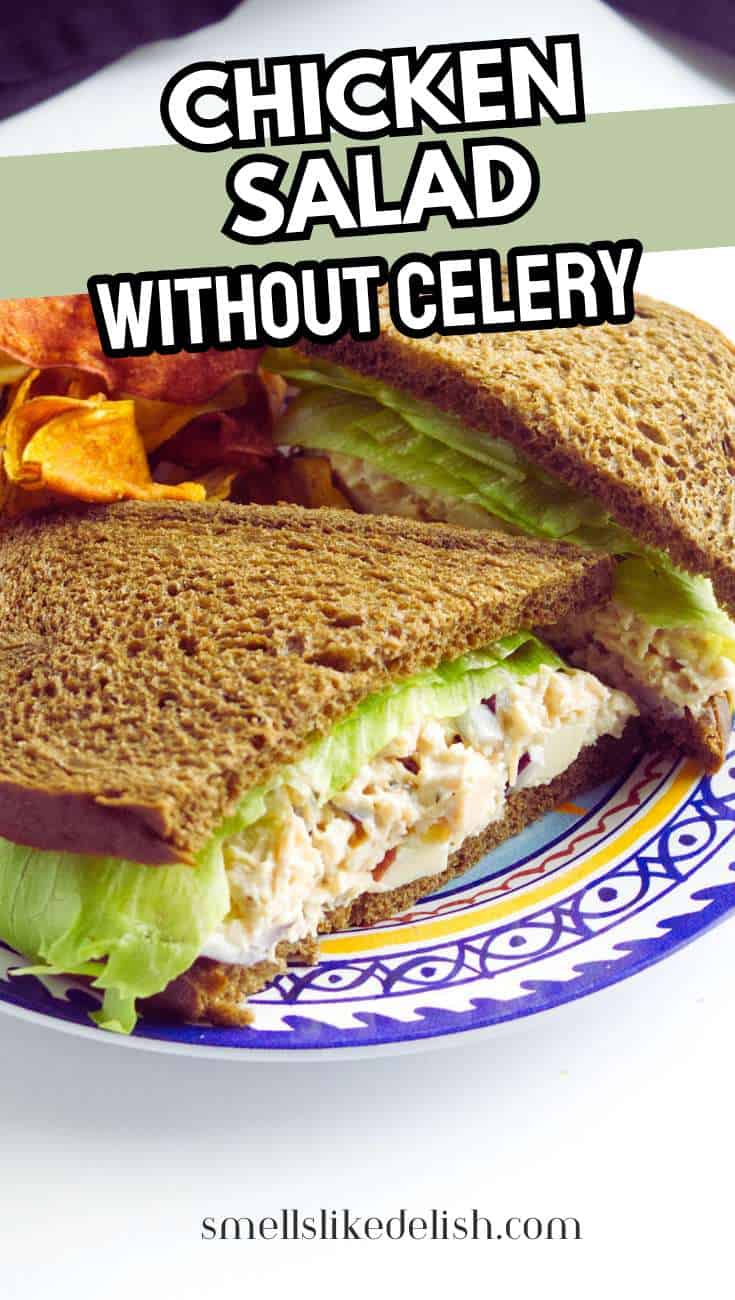 Chicken salad sandwich with lettuce on brown bread and potato chips on a colorful plate. Bold text: