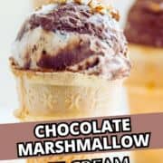 Chocolate marshmallow ice cream scoop in a cone, another cone in the background. Text: “CHOCOLATE MARSHMALLOW ICE CREAM.” Website “smellslikedelish.com” at the bottom.