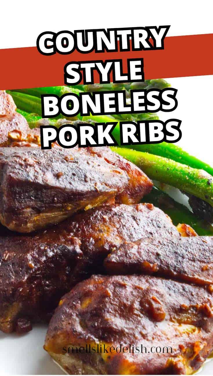 Boneless pork ribs with a caramelized crust next to asparagus spears. Overlay text: