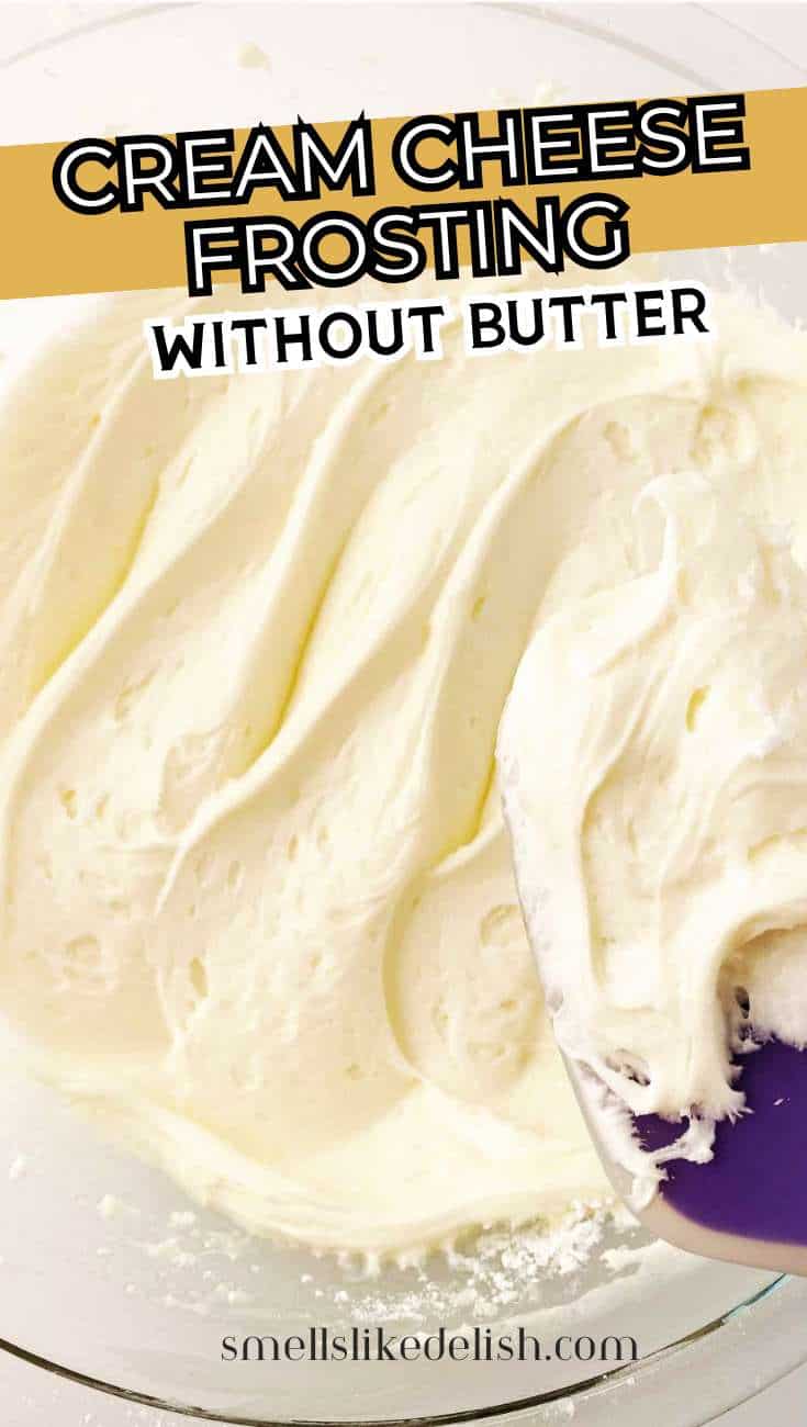 A spatula spreads creamy cream cheese frosting in a mixing bowl. Text: