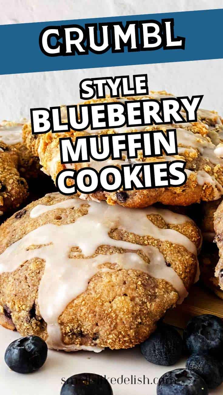 Stacked blueberry muffin cookies with glaze on a white surface, fresh blueberries beside them. Text reads