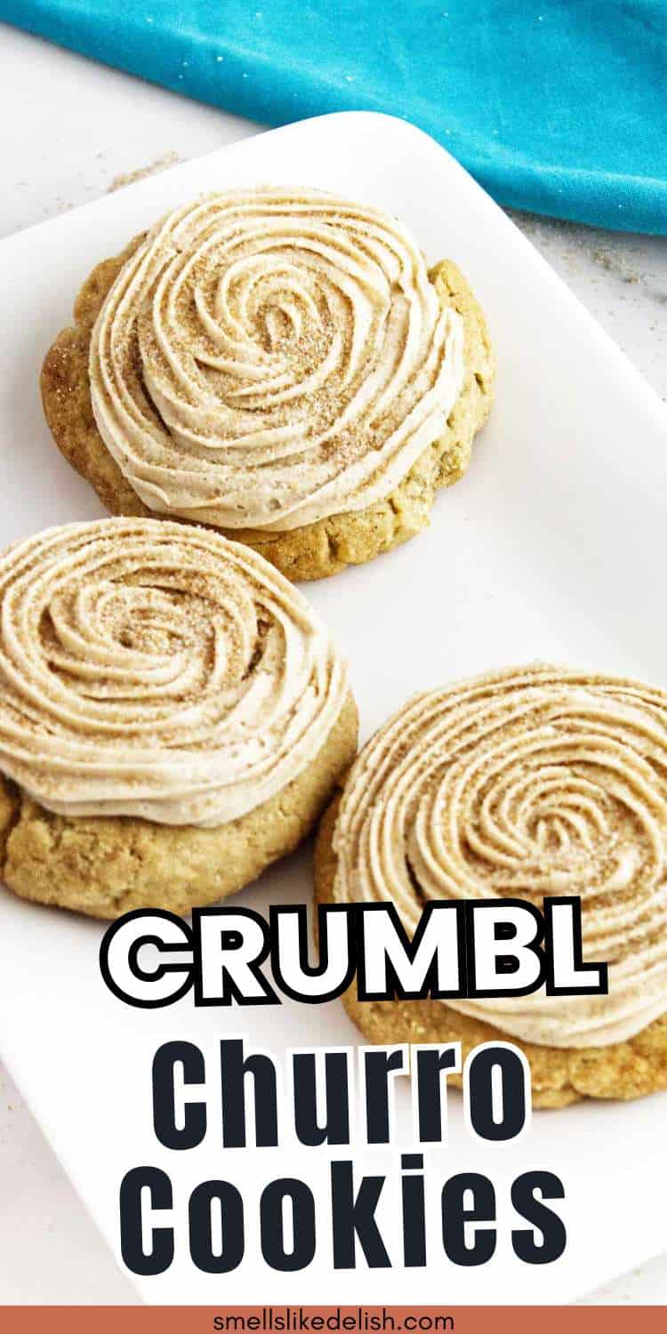 Three churro cookies with cinnamon frosting on a white plate, blue cloth in background, text: