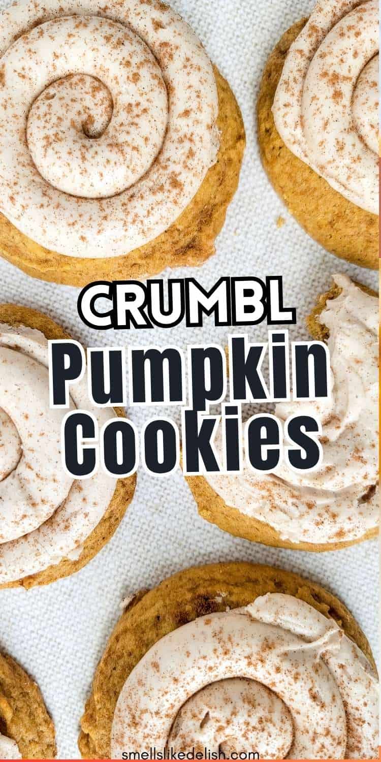 Six frosting-topped pumpkin cookies with cinnamon on a white surface. Text overlay: