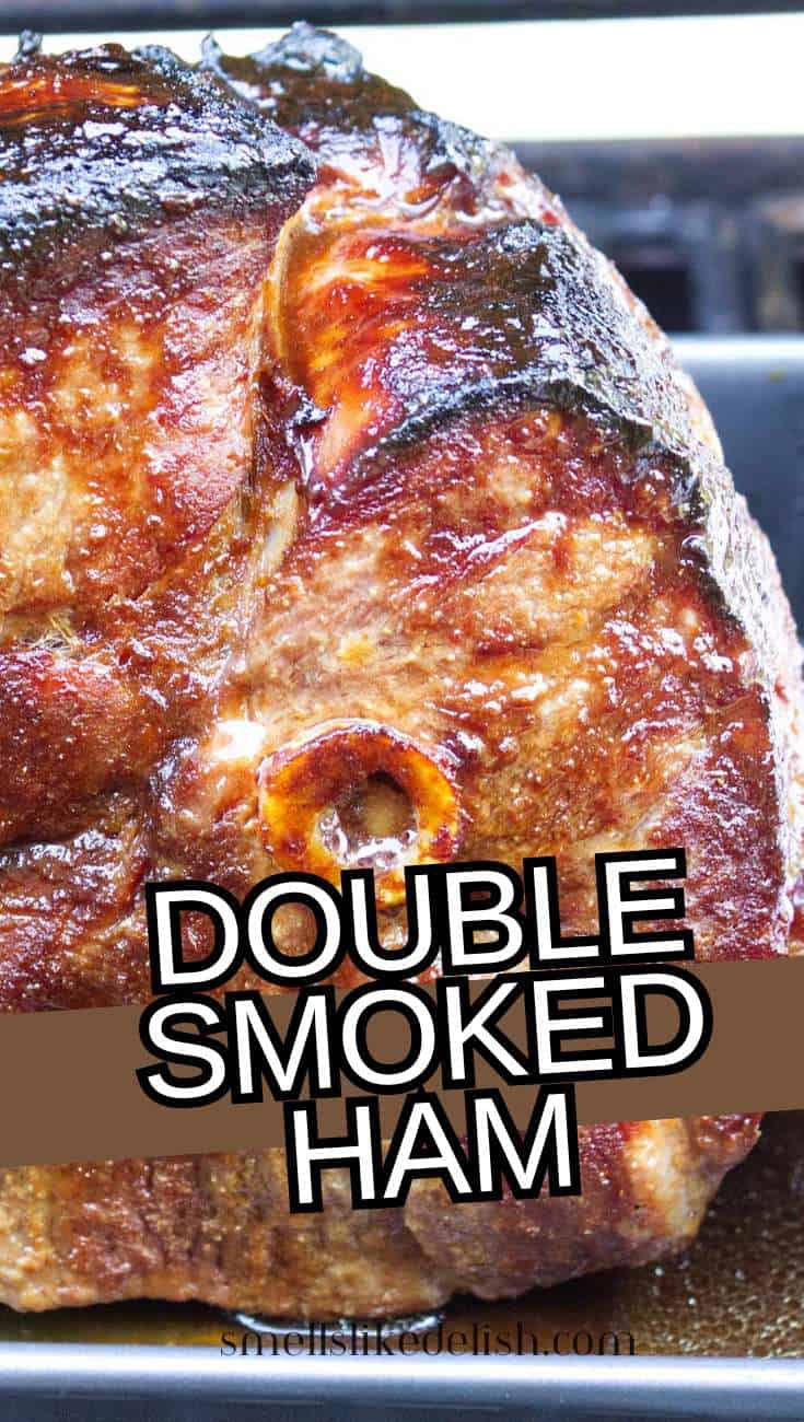 Close-up of glazed double smoked ham with a crispy caramelized crust,