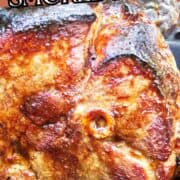 Glazed smoked ham on a tray, with “DOUBLE SMOKED HAM” above and “smellslikedelish.com” below.