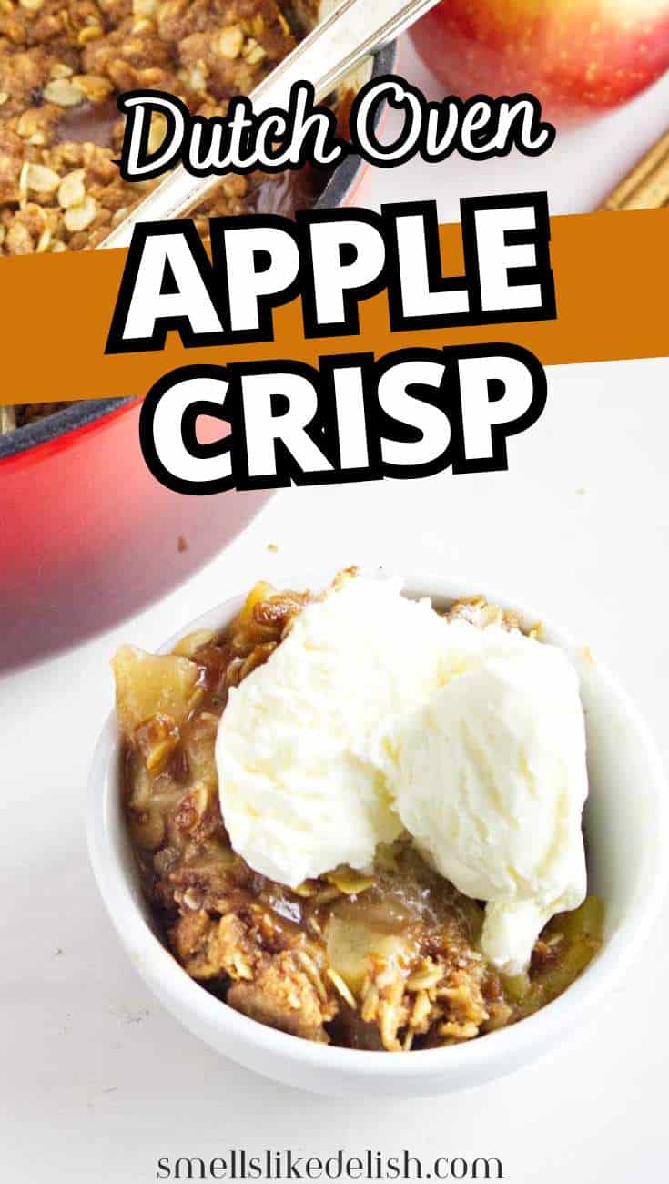 Apple crisp with vanilla ice cream in a bowl sits before a Dutch oven, apple and oat topping in the background. Text: