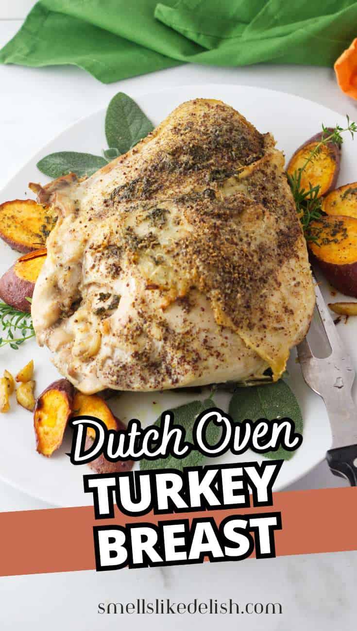 Herb-seasoned turkey breast with roasted vegetables on a white plate, carving fork and knife nearby. Text reads