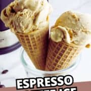Two waffle cones with espresso coffee ice cream in a glass, French press behind, and bold “Espresso Coffee Ice Cream” text.