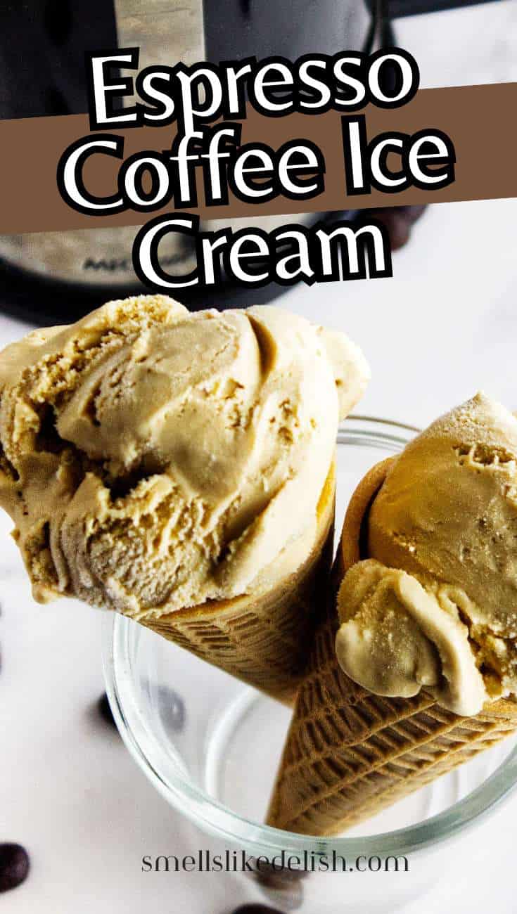 Two espresso ice cream cones in a glass cup, with