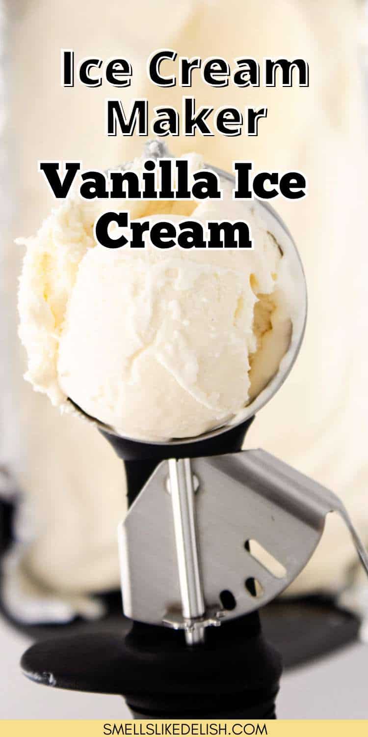 A metal scoop holds a ball of vanilla ice cream above a container of more ice cream. The image text says