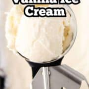A metal scoop with a ball of vanilla ice cream is held over a container of more vanilla ice cream. Text reads: “Ice Cream Maker Vanilla Ice Cream.”.