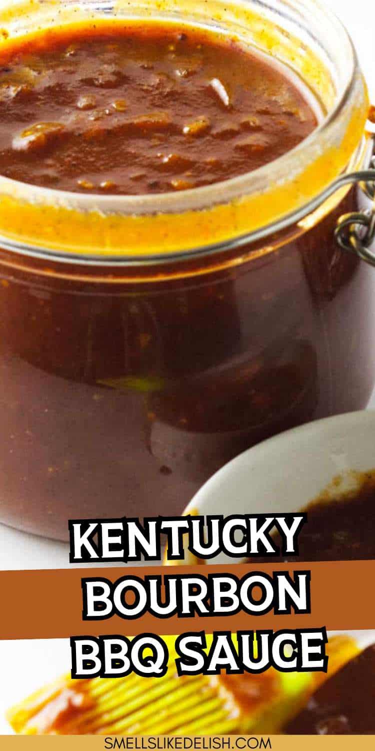 Open jar of dark brown Kentucky bourbon BBQ sauce with a spoon next to it; sauce is on the rim. Text reads