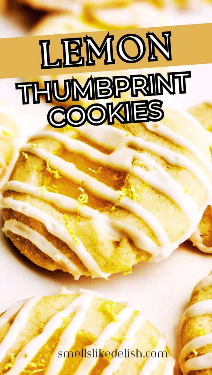 Lemon thumbprint cookies with white icing and lemon zest, text above reads