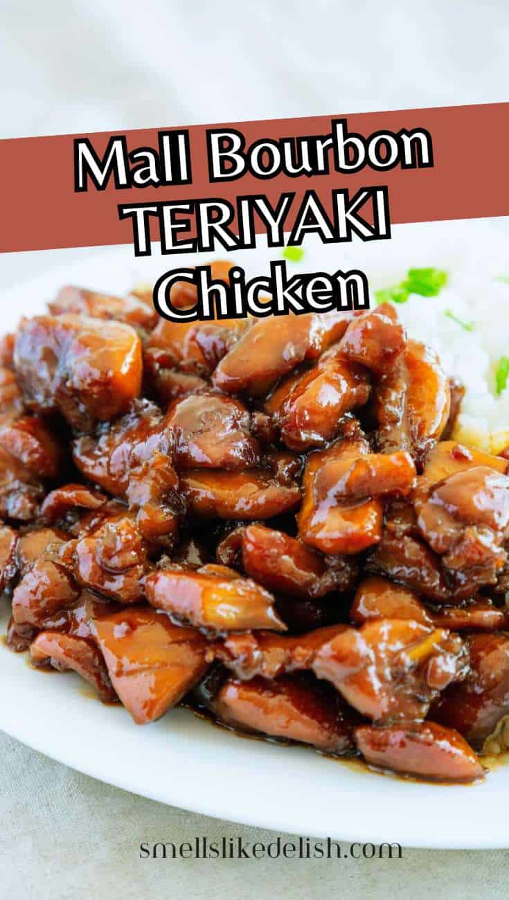 Glazed bourbon teriyaki chicken with white rice and green herb garnish. Text: