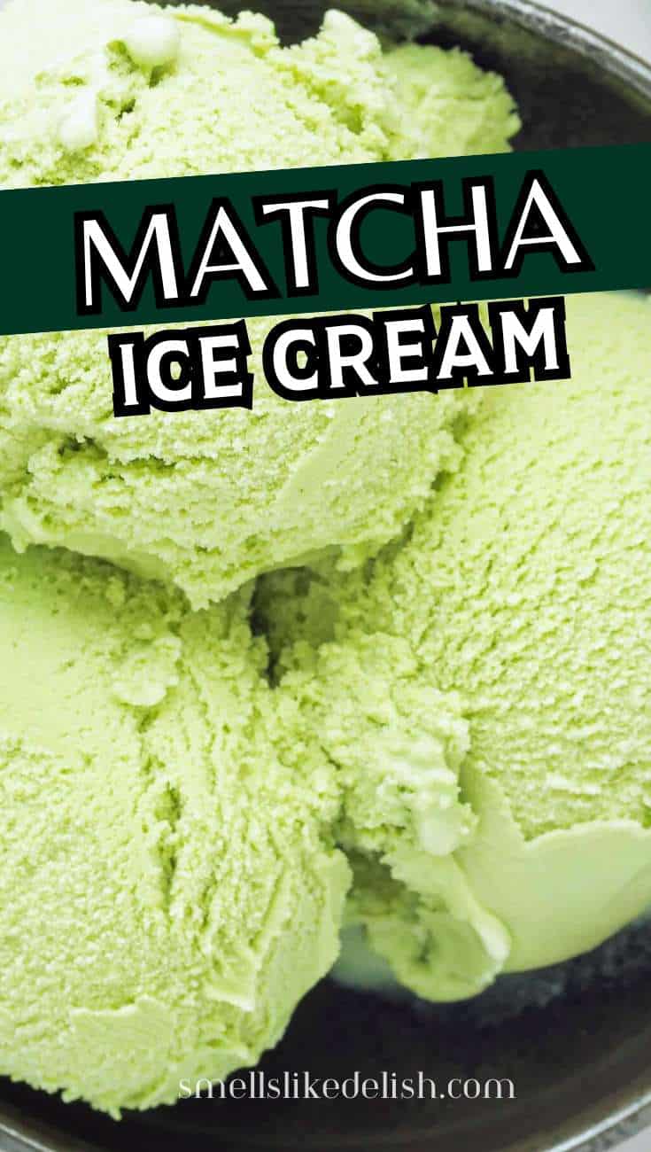 Three scoops of light green matcha ice cream in a bowl, with