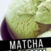 Two scoops of green matcha ice cream in a dark bowl with “MATCHA ICE CREAM” text overlay and “smellslikedelish.com” at the top.