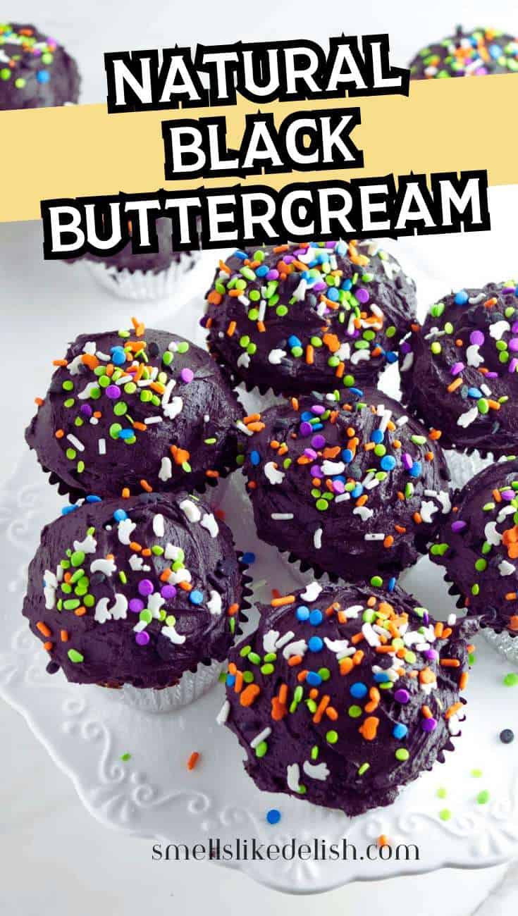 Cupcakes with black buttercream and colorful sprinkles on a white plate. Text: