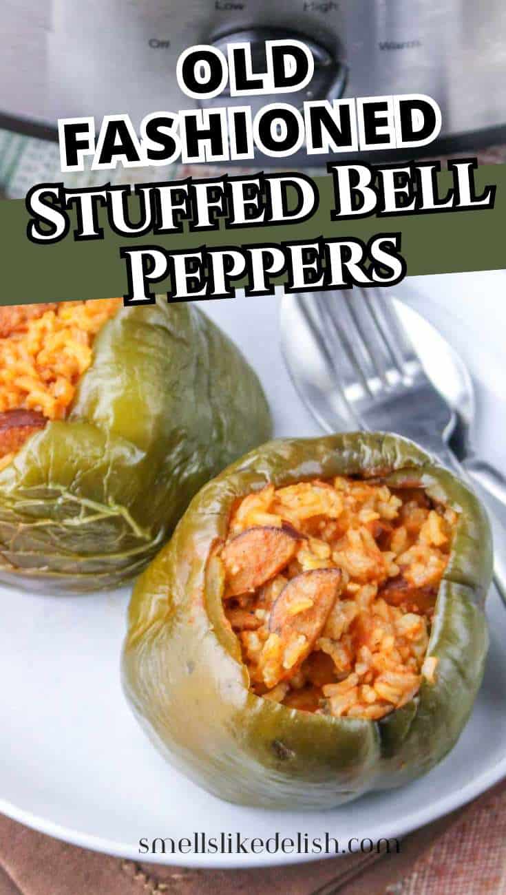 Two stuffed green bell peppers on a white plate with utensils, in front of a kitchen appliance. Text: