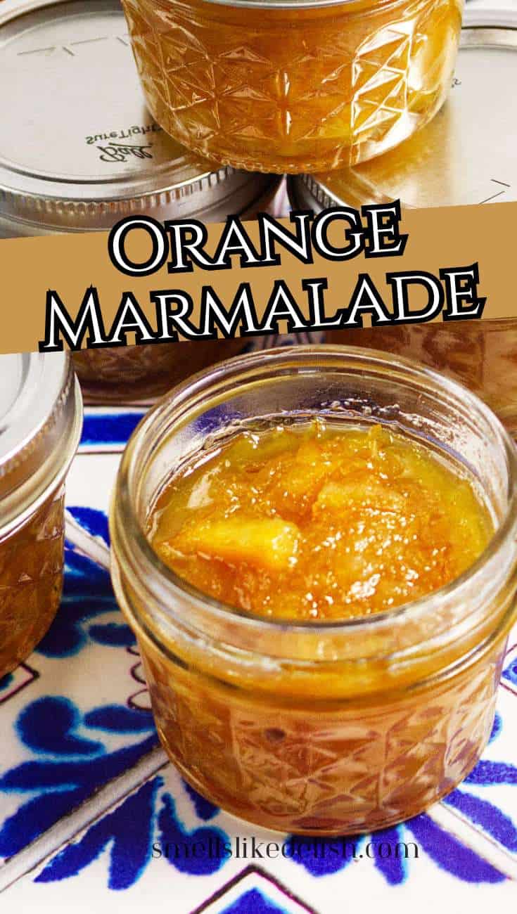 Glass jars of homemade orange marmalade on a colorful tile surface, labeled