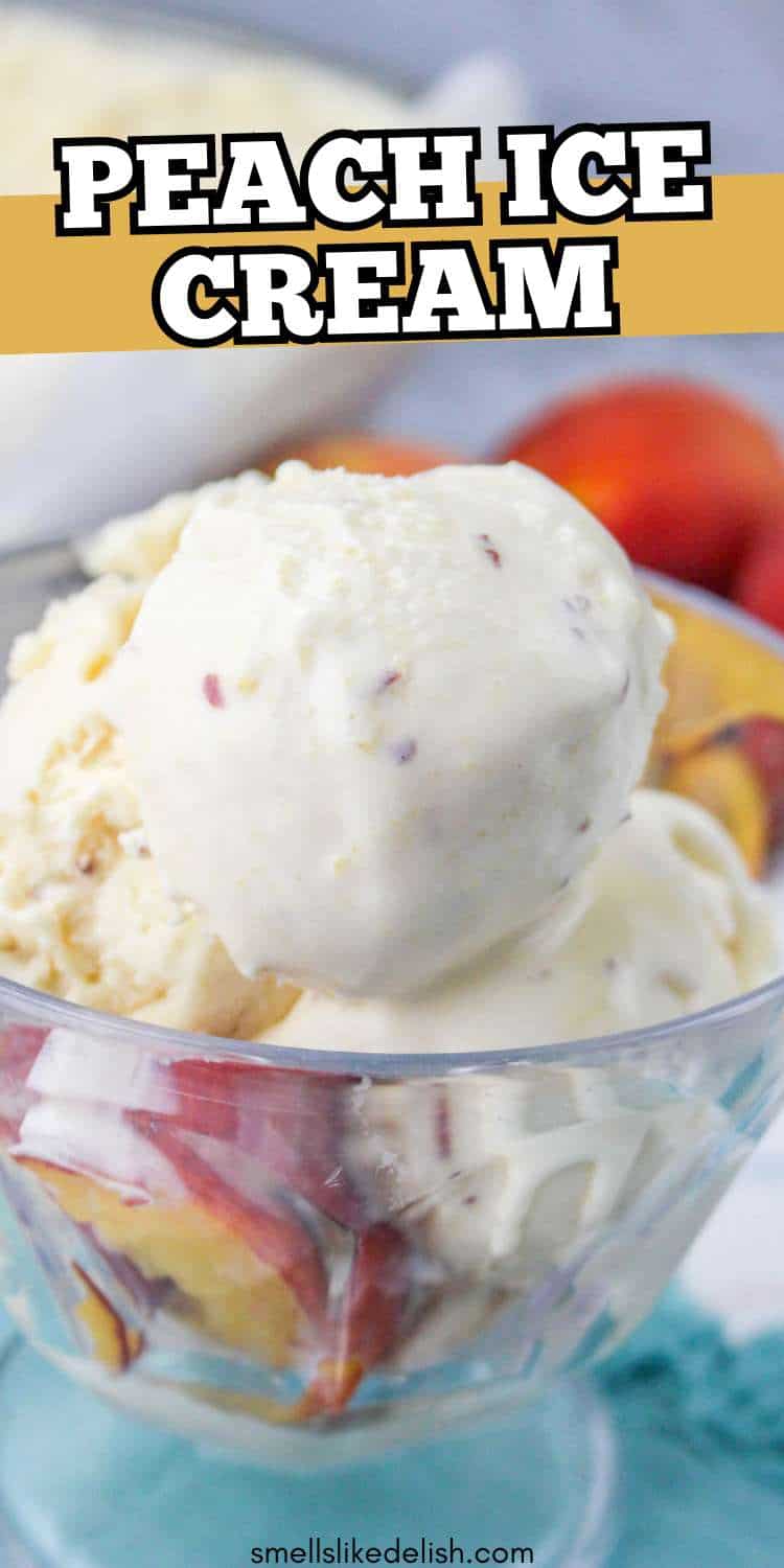 Glass bowl with peach ice cream, peach slices, and two scoops on top;