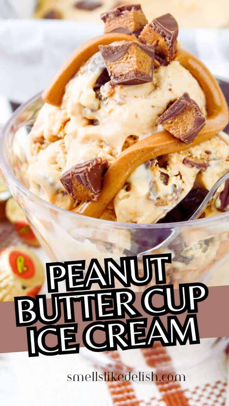 Glass bowl of peanut butter cup ice cream with peanut butter drizzle and chunks, text overlay:
