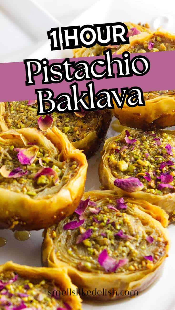 Round pistachio baklava pieces with crushed pistachios and rose petals on a white plate, with text overlay: