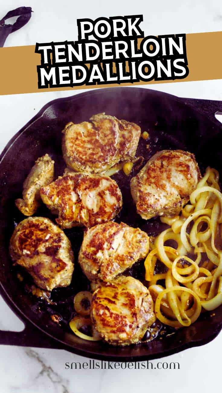Pork tenderloin medallions and onion rings in a black cast-iron skillet, with text: