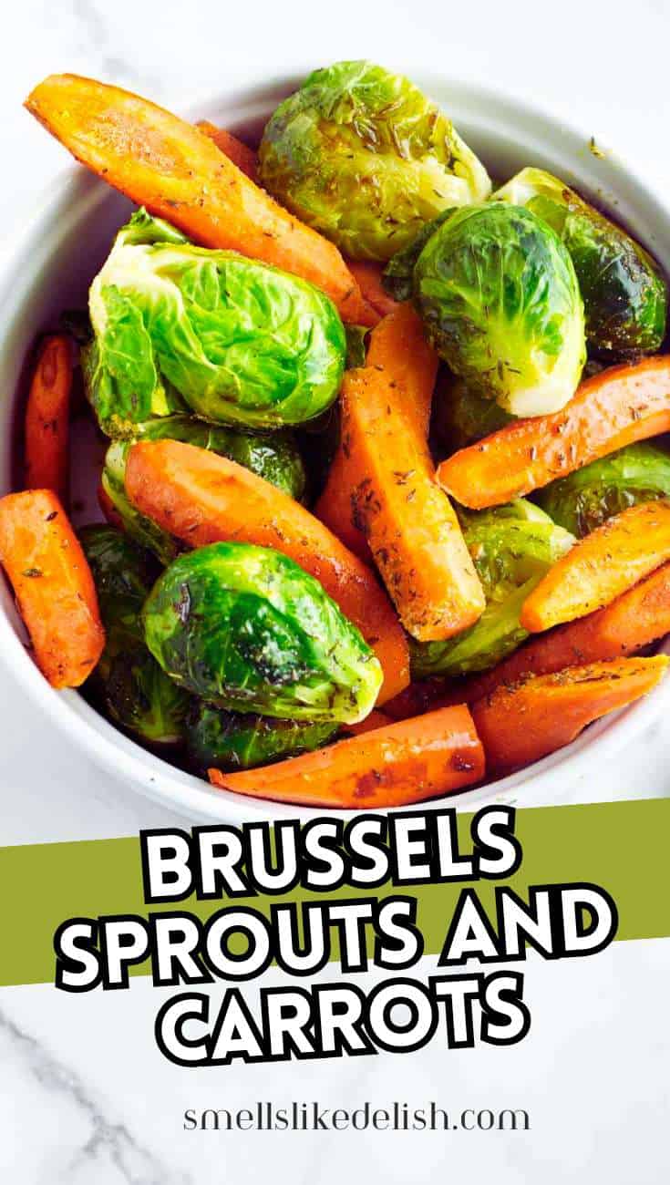Roasted Brussels sprouts and carrot sticks in a bowl, with
