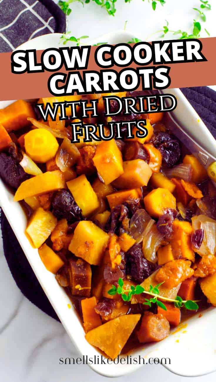 White dish of slow-cooked carrots, onions, and prunes on a dark cloth with garnish. Text: