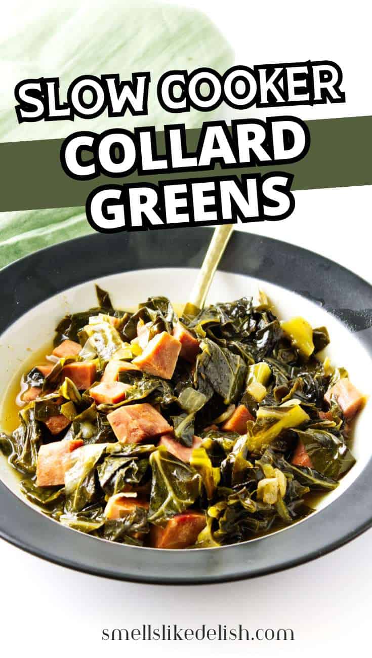 Bowl of collard greens and ham in broth with a silver spoon. Text says