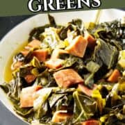 Bowl of collard greens with ham in a white, dark-rimmed bowl; text reads “Slow Cooker Collard Greens” and “smellslikedelish.com” at the bottom.