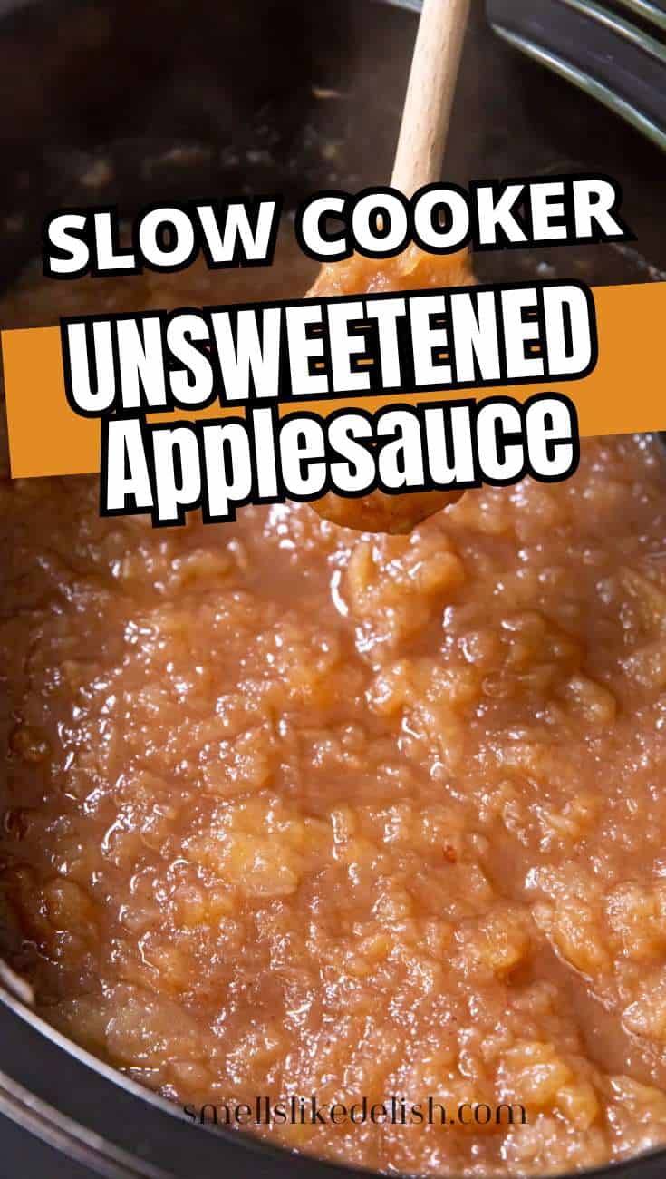 Chunky unsweetened applesauce in a slow cooker with a wooden spoon, text overlay says