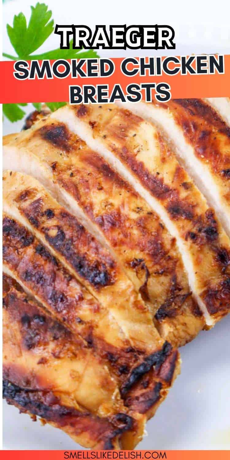 Sliced, golden-brown smoked chicken breast with parsley garnish; text above says
