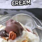 Bowl of turtle ice cream with chocolate, caramel, and pecans beside a spoon. Text above says “Ice Cream Maker Turtle Ice Cream.”.